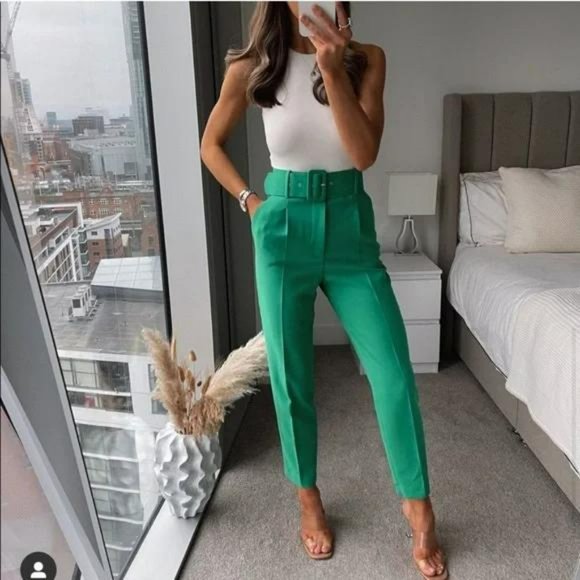 ZARA HIGH WAISTED BELTED PANTS - Picture 1 of 7